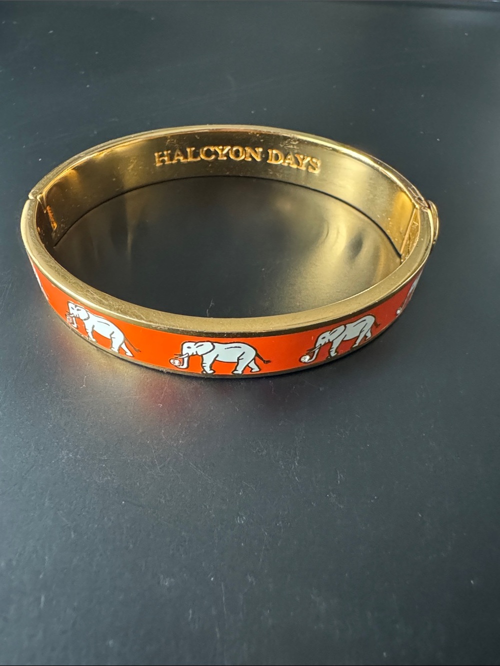 Halcyon Days Orange Elephant Enamel Bangle Bracelet with crystal/diamond accent